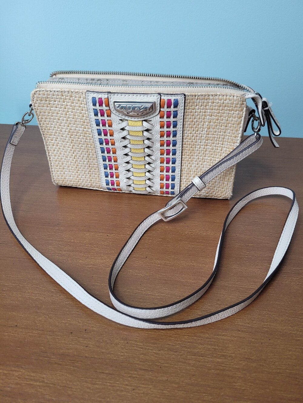 BRIGHTON Andalusia Straw Organizer Purse Pebbled Woven Leather Crossbody